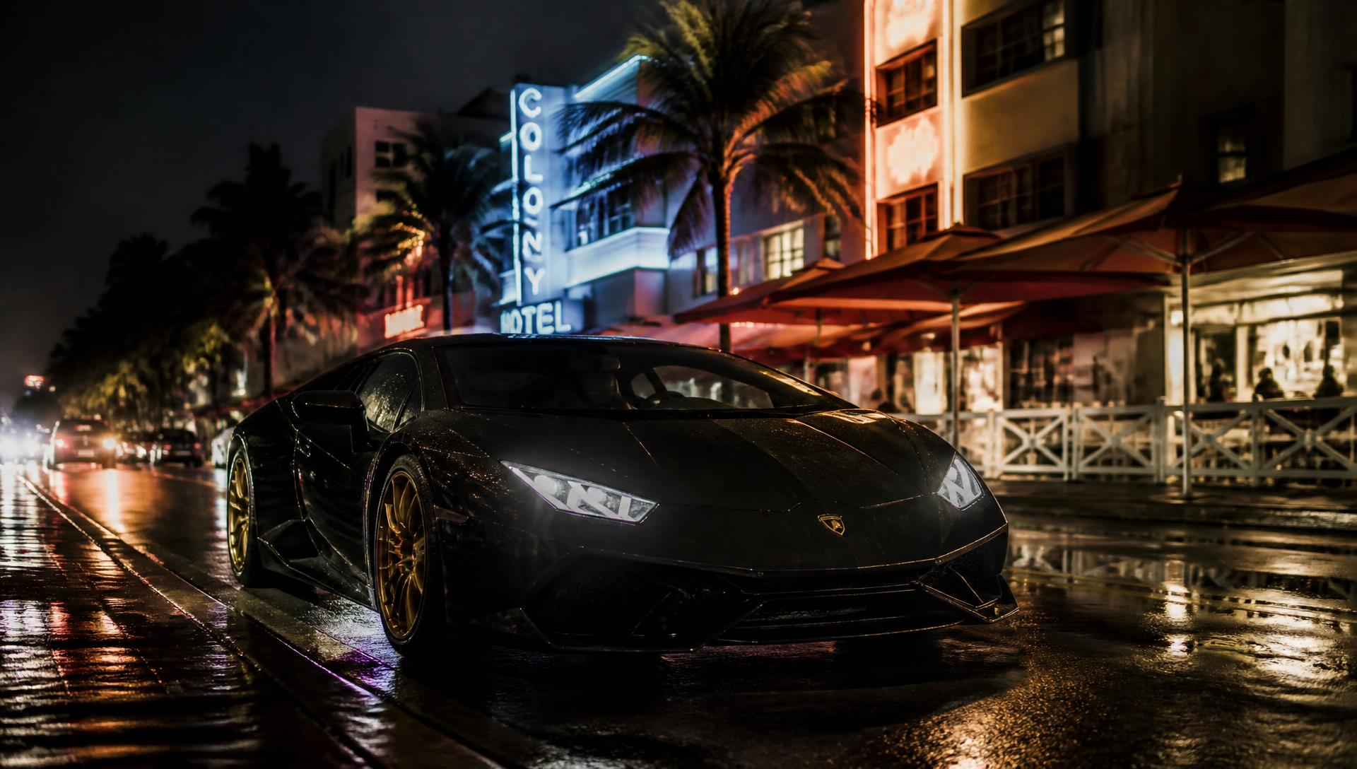 Exotic supercar on Ocean Drive in Miami at night